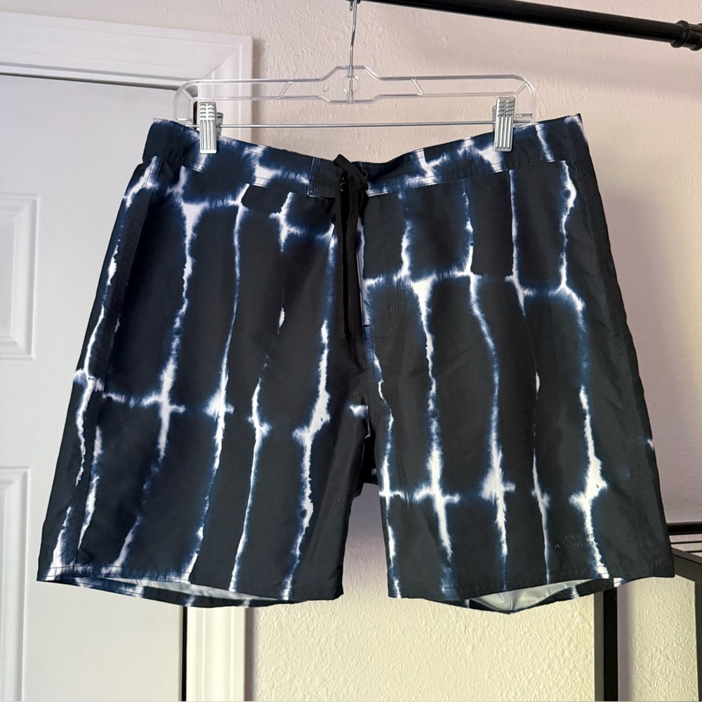 SATURDAYS NEW YORK‎ CITY navy white tie dye swim trunks shorts